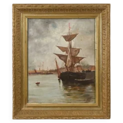Tableau « Voilier sur mer calme », huile sur toile – fin XIXe