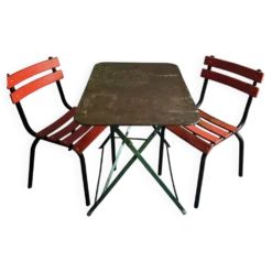 Table bistrot pliante française ancienne avec paire de chaises de jardin vintage