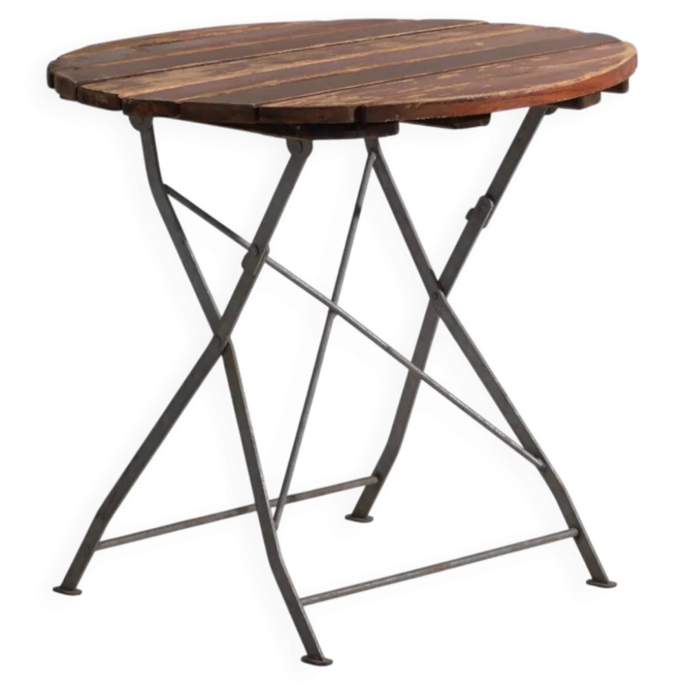Table de jardin pliante ancienne en bois et fer – Europe centrale, vers 1950