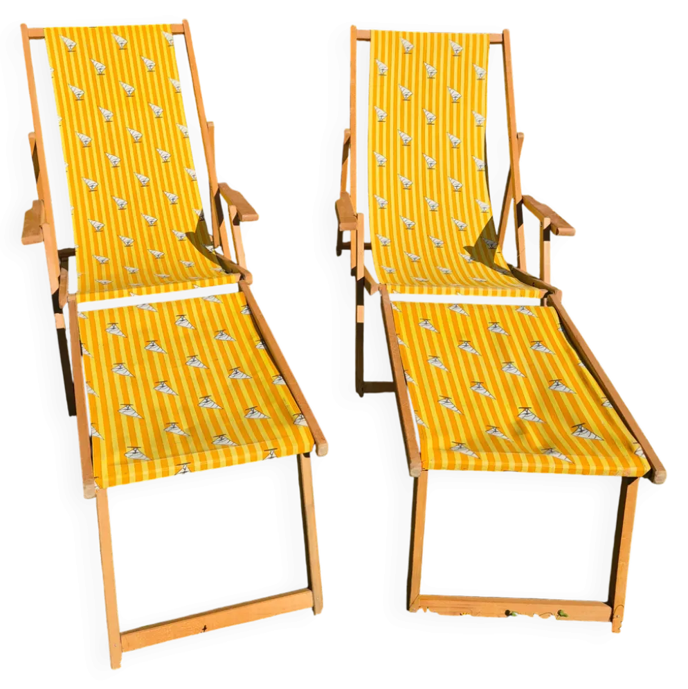 2 tansats chilienne vintage bois et toile jaune imprimé voilier avec repose