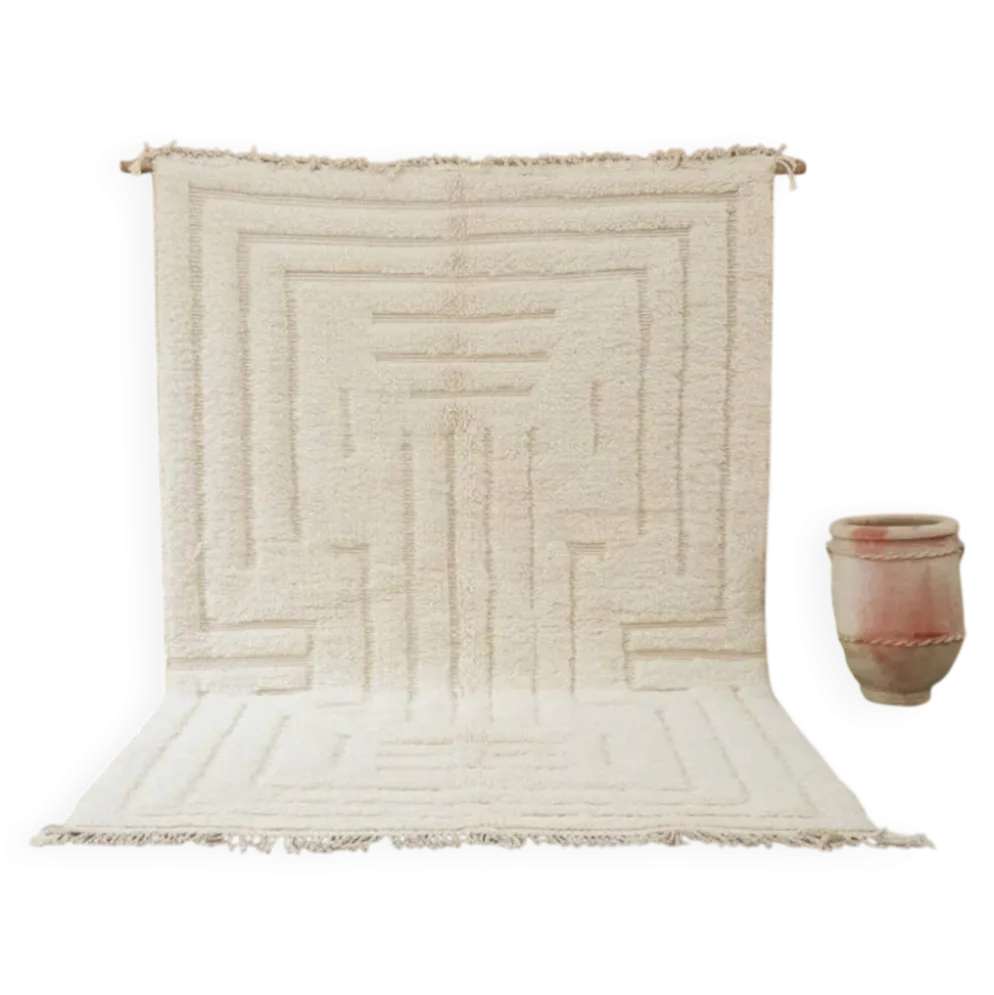 Tapis Beni Ouarain 300×205 cm – Tapis en laine marocain ivoire minimaliste avec motif architectural, GO-964