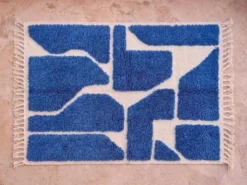 Tapis beni ouraine traditionnel authentique blanc et bleu 2/3 m