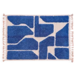 Tapis beni ouraine traditionnel authentique blanc et bleu 2/3 m