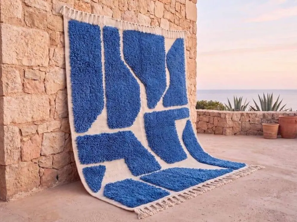 Tapis beni ouraine traditionnel authentique blanc et bleu 2/3 m