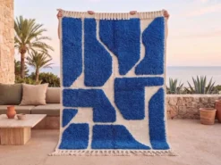 Tapis beni ouraine traditionnel authentique blanc et bleu 2/3 m