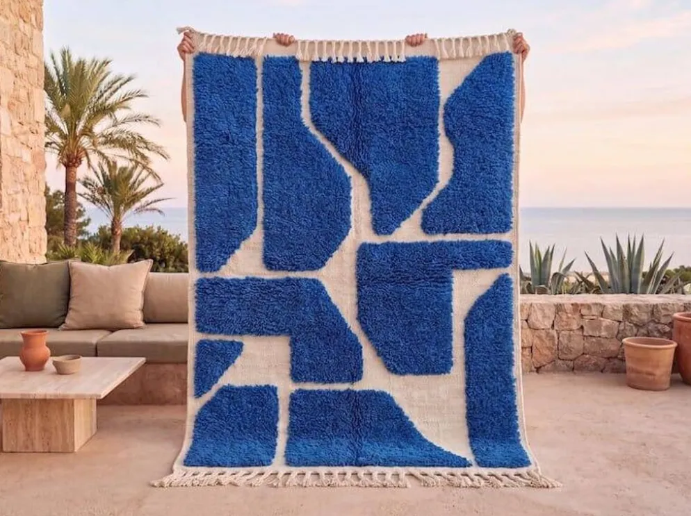 Tapis beni ouraine traditionnel authentique blanc et bleu 2/3 m