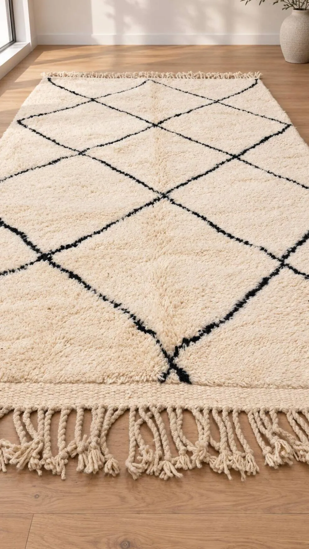 Tapis berbère Beni Ouarain écru et noir en laine
