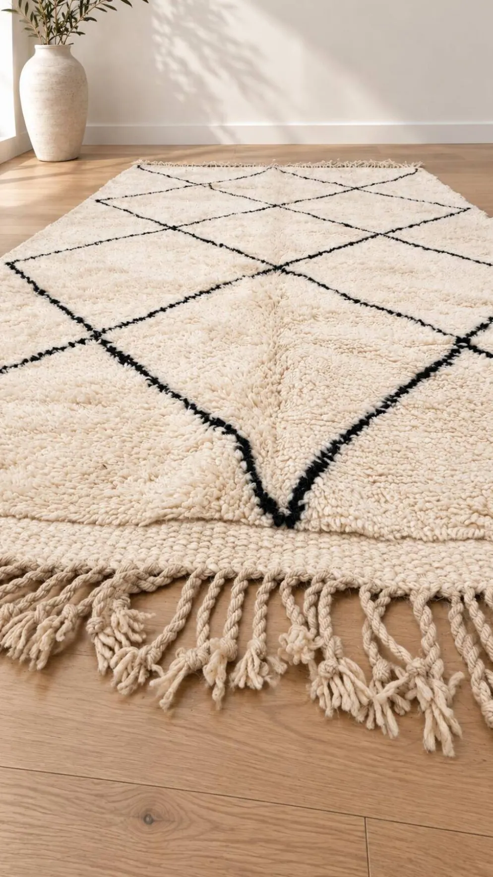 Tapis berbère Beni Ouarain écru et noir en laine