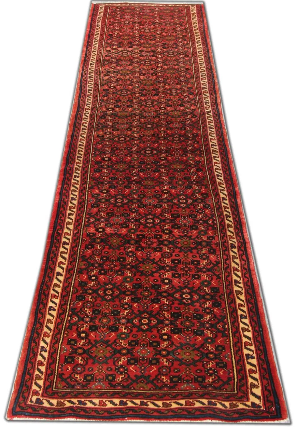Tapis couloir oriental vintage long en laine géométrique tissé à la main
