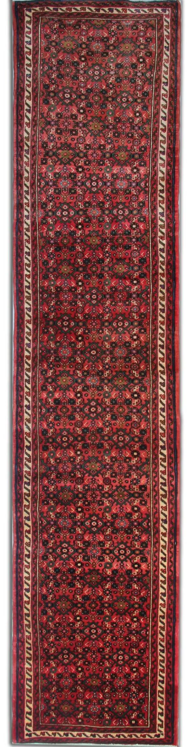 Tapis couloir oriental vintage long en laine géométrique tissé à la main