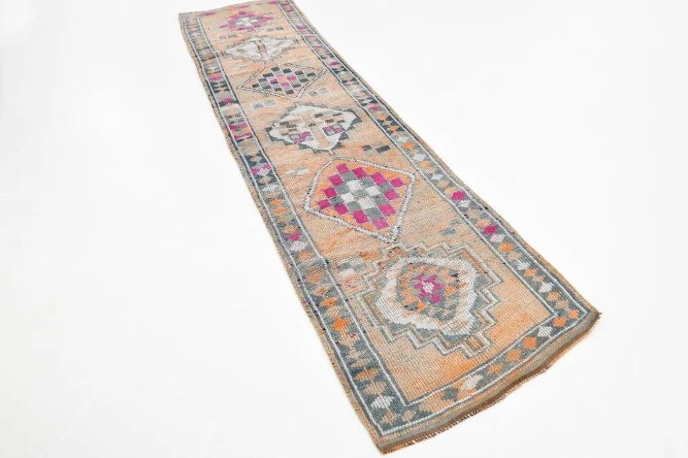 Tapis couloir Oushak vintage fuchsia, en laine turque, 86x341 cm