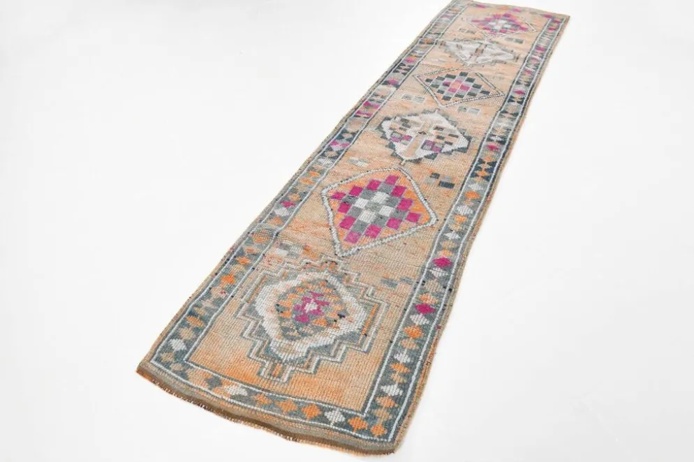 Tapis couloir Oushak vintage fuchsia, en laine turque, 86x341 cm