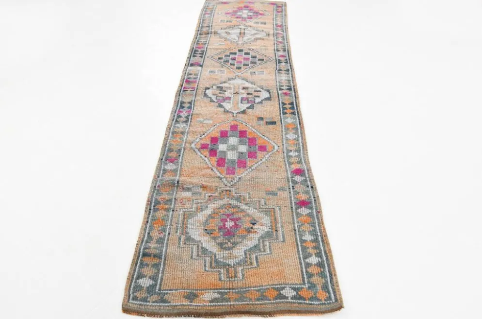 Tapis couloir Oushak vintage fuchsia, en laine turque, 86x341 cm