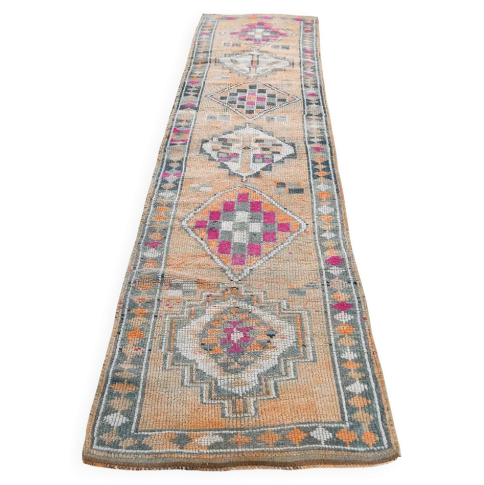 Tapis couloir Oushak vintage fuchsia, en laine turque, 86x341 cm