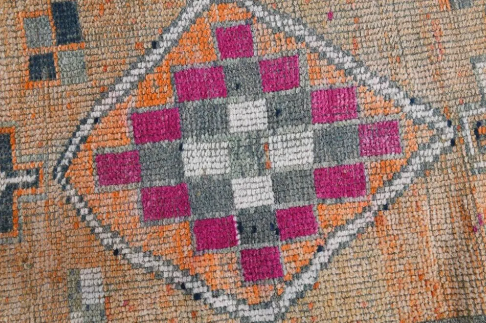 Tapis couloir Oushak vintage fuchsia, en laine turque, 86x341 cm