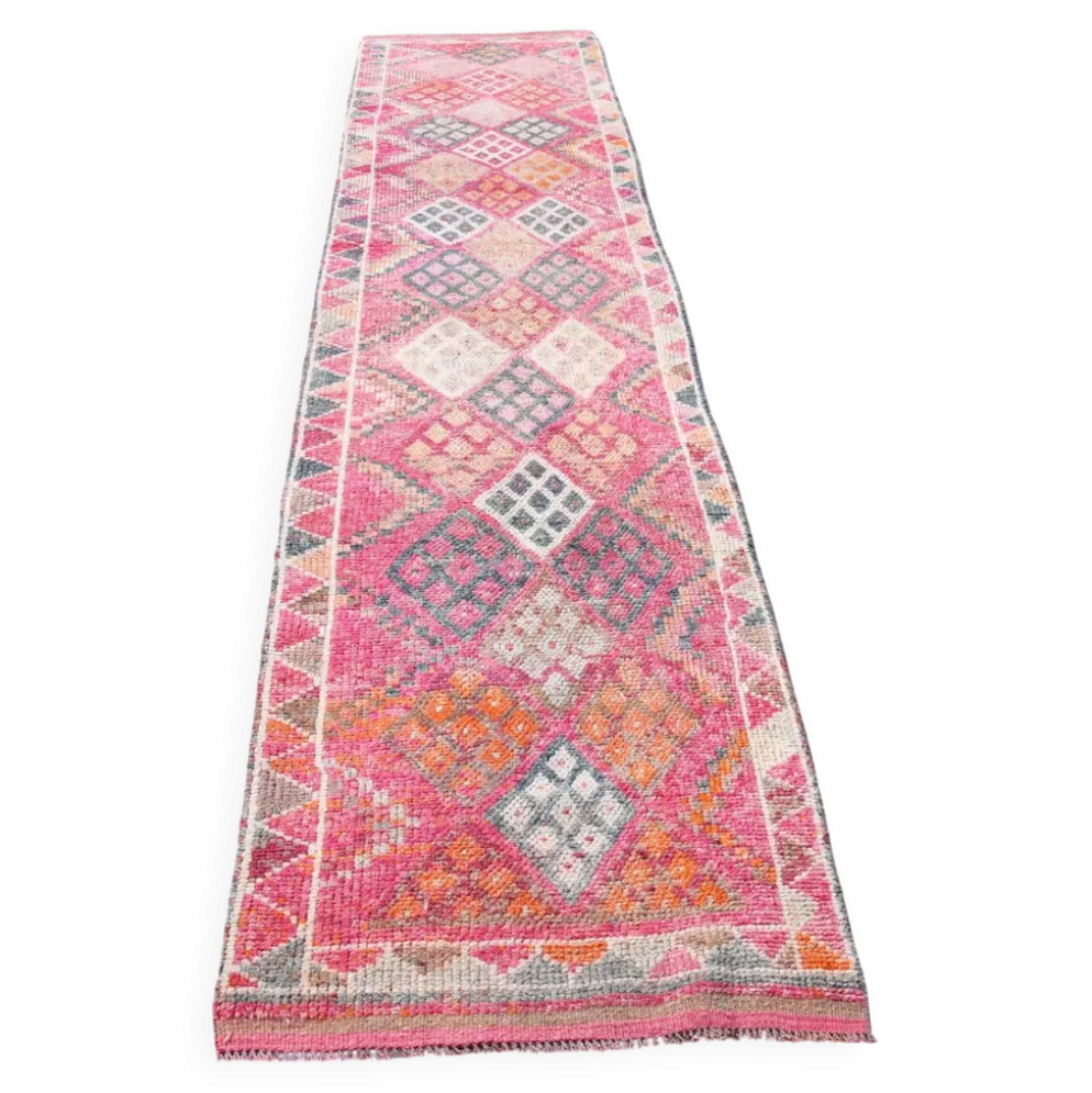 Tapis couloir turc rose vif, tapis vintage boho, 83x353 cm