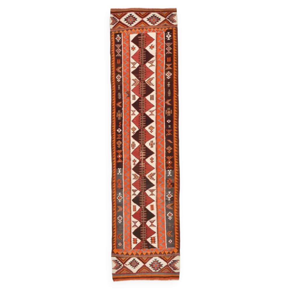 Tapis couloir vintage kilim orange et marron, motif oriental