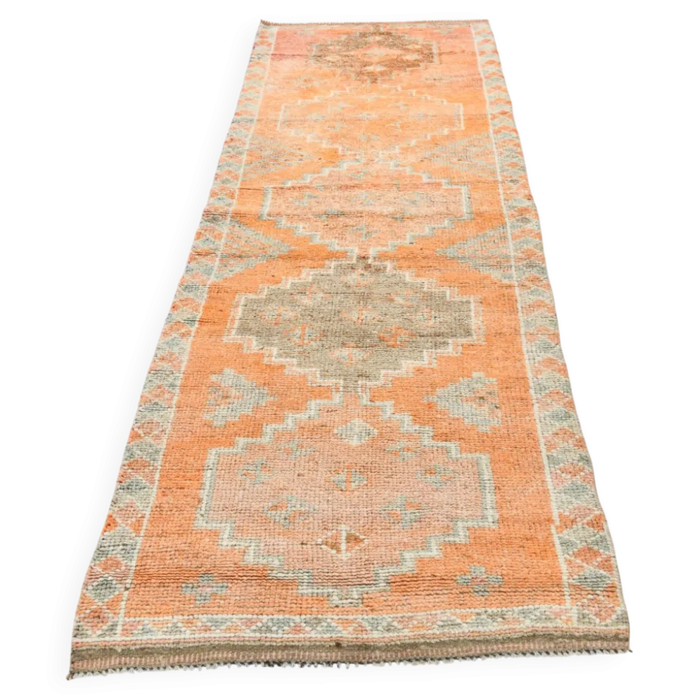 Tapis couloir vintage turc en laine Oushak, ton abricot