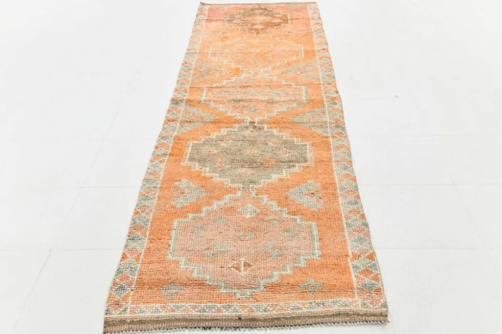 Tapis couloir vintage turc en laine Oushak, ton abricot