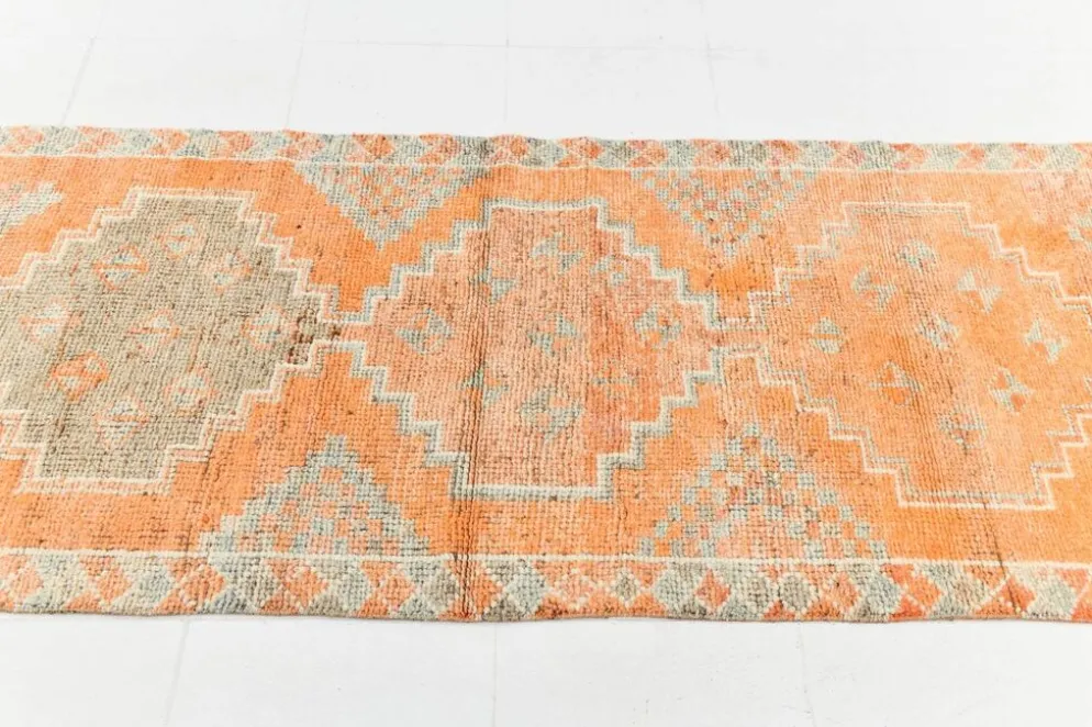 Tapis couloir vintage turc en laine Oushak, ton abricot