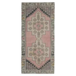 Tapis couloir vintage turc Oushak fait à la main en laine et coton rose 117x254