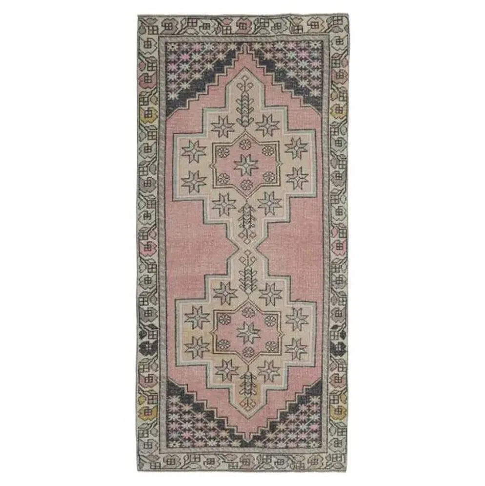 Tapis couloir vintage turc Oushak fait à la main en laine et coton rose 117x254