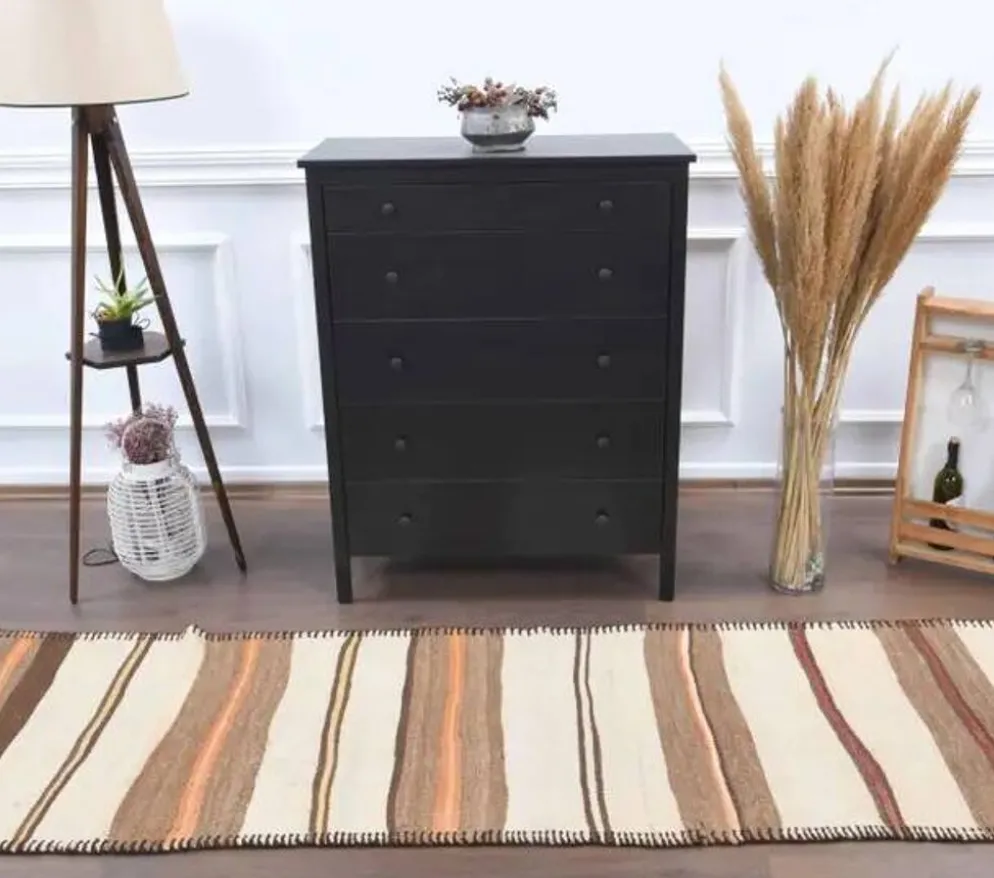 Tapis coureur kilim en laine et coton beige turc fait main vintage 78x344