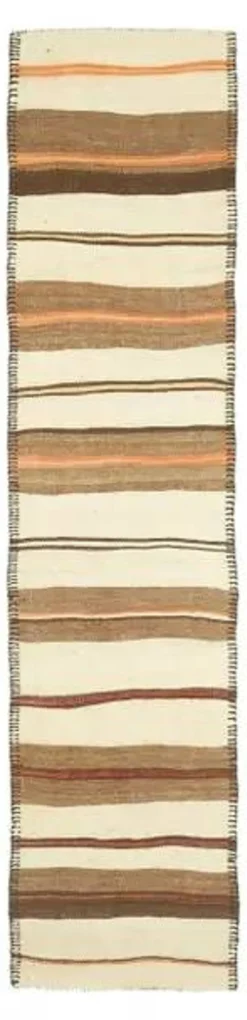 Tapis coureur kilim en laine et coton beige turc fait main vintage 78x344