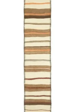 Tapis coureur kilim en laine et coton beige turc fait main vintage 78x344
