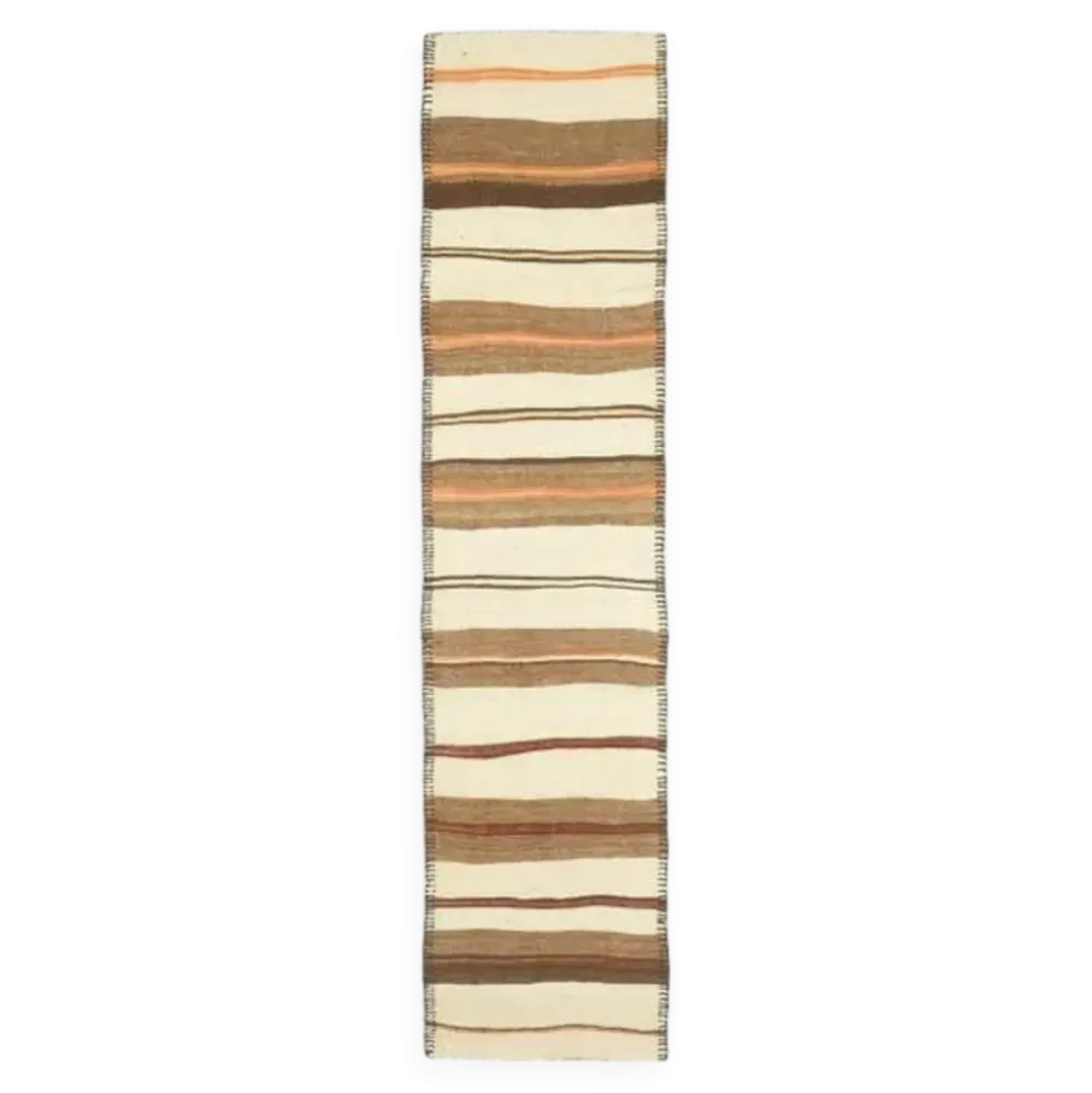 Tapis coureur kilim en laine et coton beige turc fait main vintage 78x344