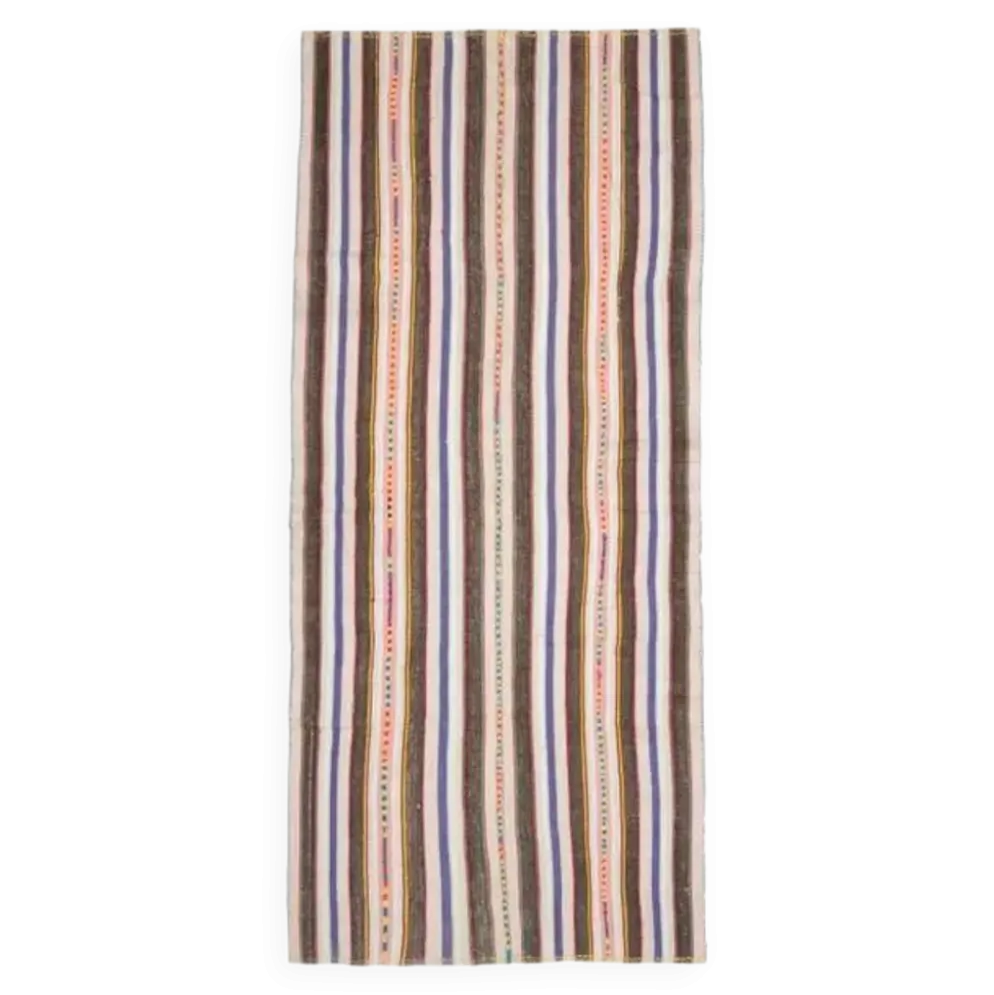 Tapis coureur kilim vintage turc rayé marron bleu 145x324