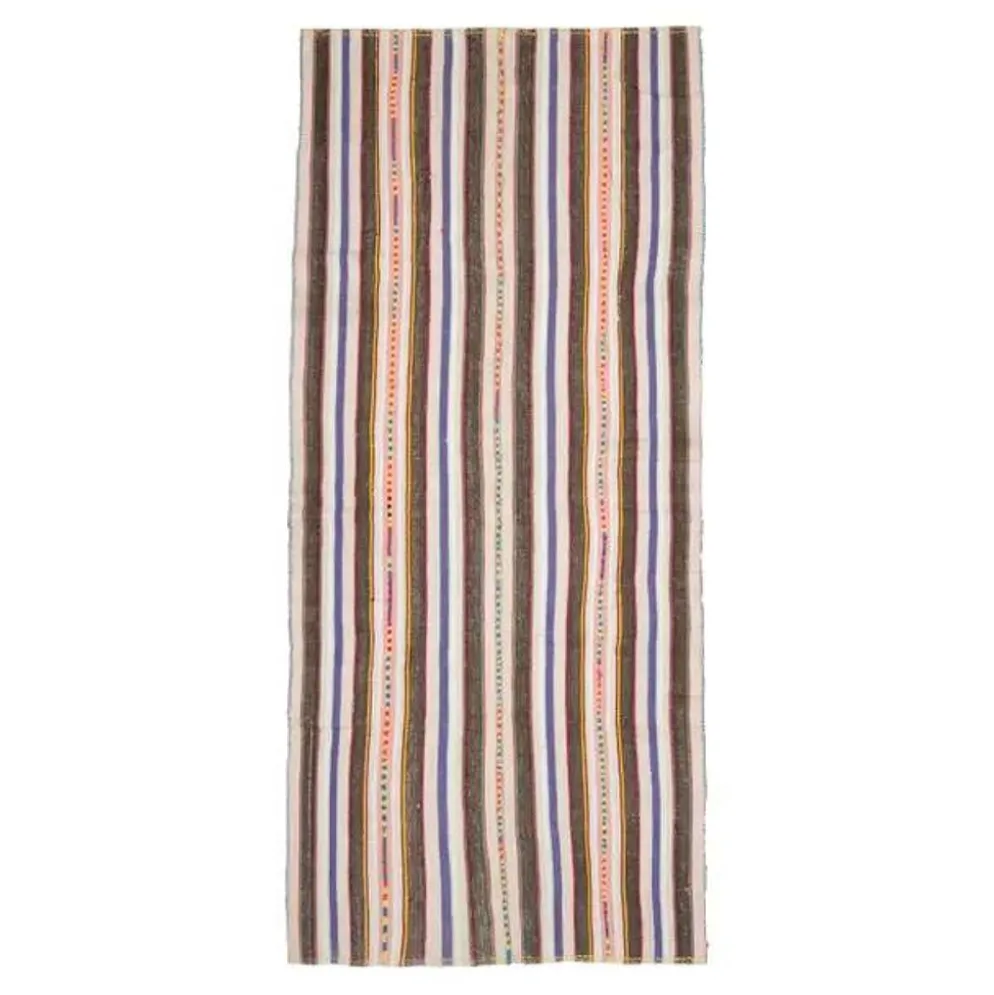 Tapis coureur kilim vintage turc rayé marron bleu 145x324