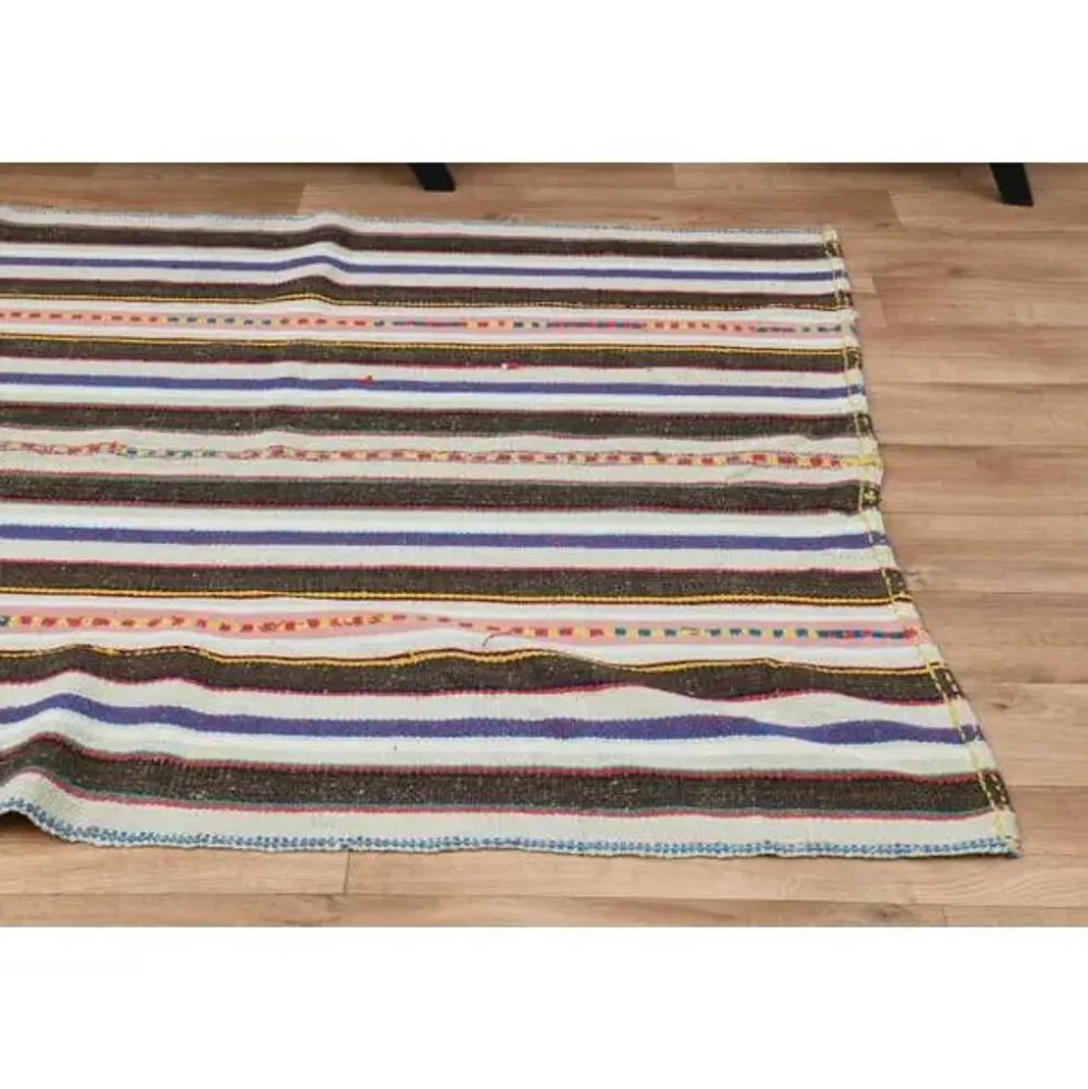 Tapis coureur kilim vintage turc rayé marron bleu 145x324