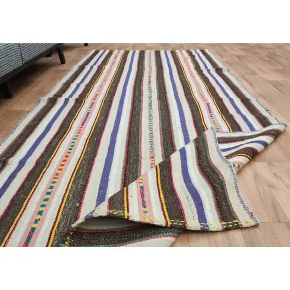 Tapis coureur kilim vintage turc rayé marron bleu 145x324