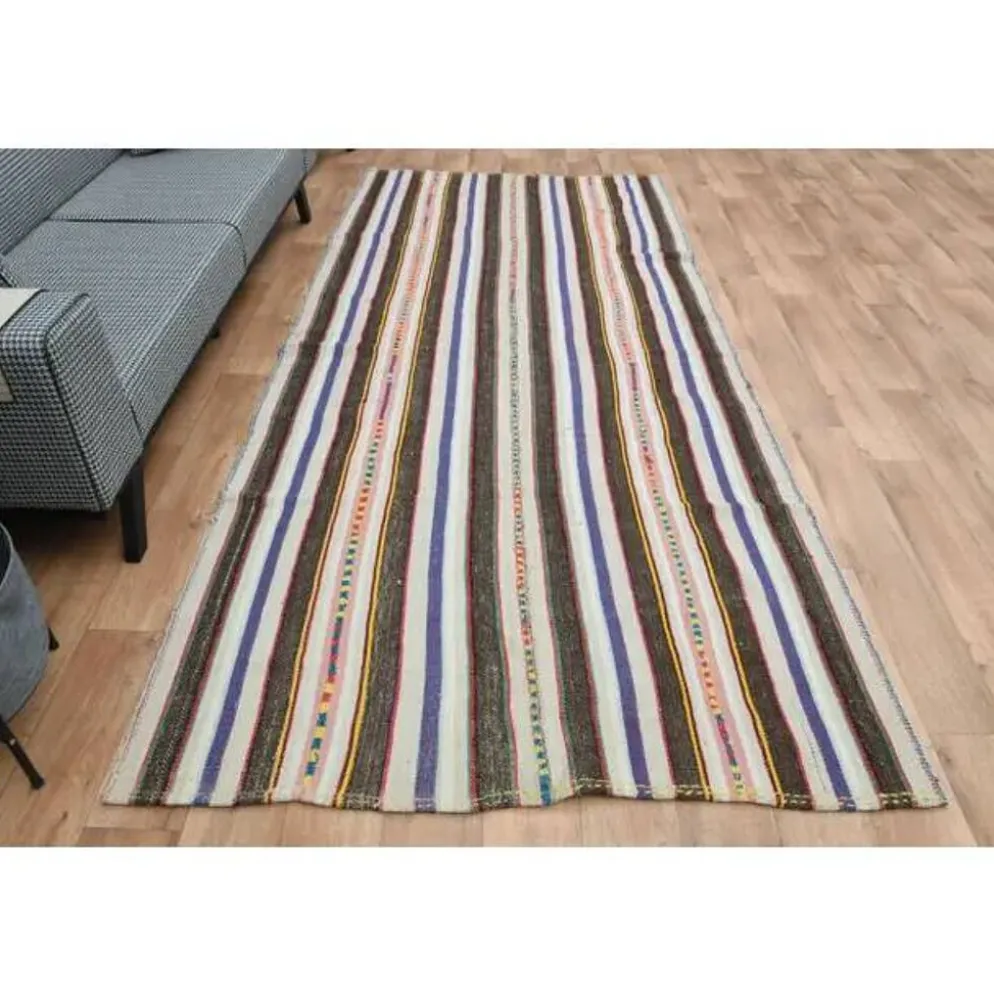 Tapis coureur kilim vintage turc rayé marron bleu 145x324