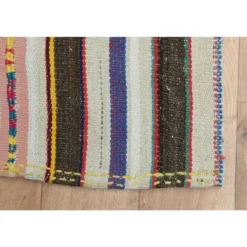 Tapis coureur kilim vintage turc rayé marron bleu 145x324