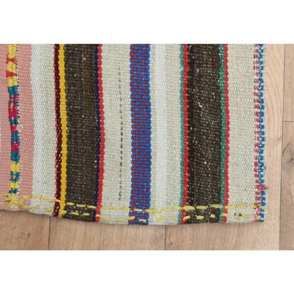 Tapis coureur kilim vintage turc rayé marron bleu 145x324