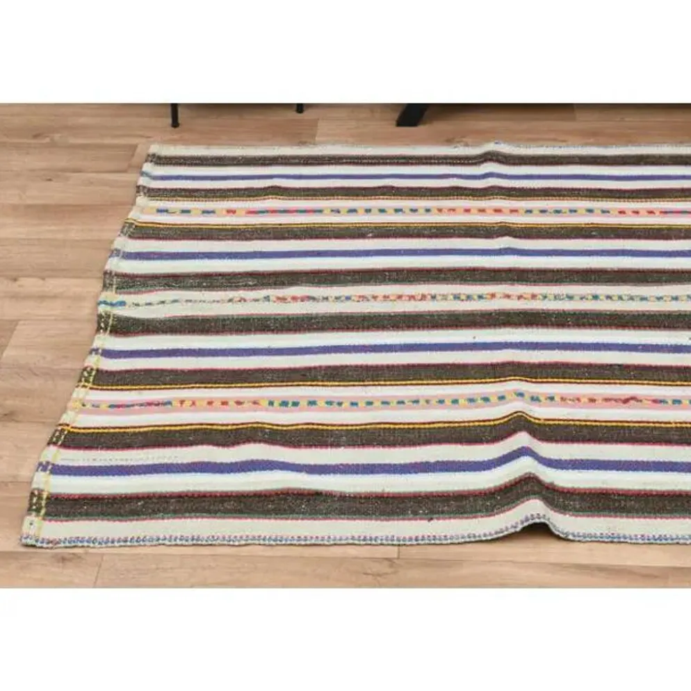 Tapis coureur kilim vintage turc rayé marron bleu 145x324