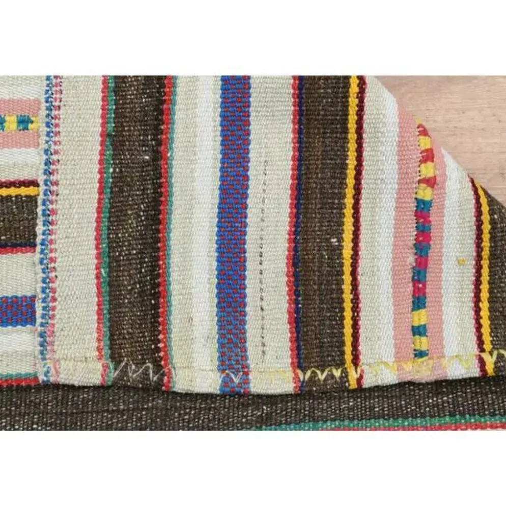 Tapis coureur kilim vintage turc rayé marron bleu 145x324