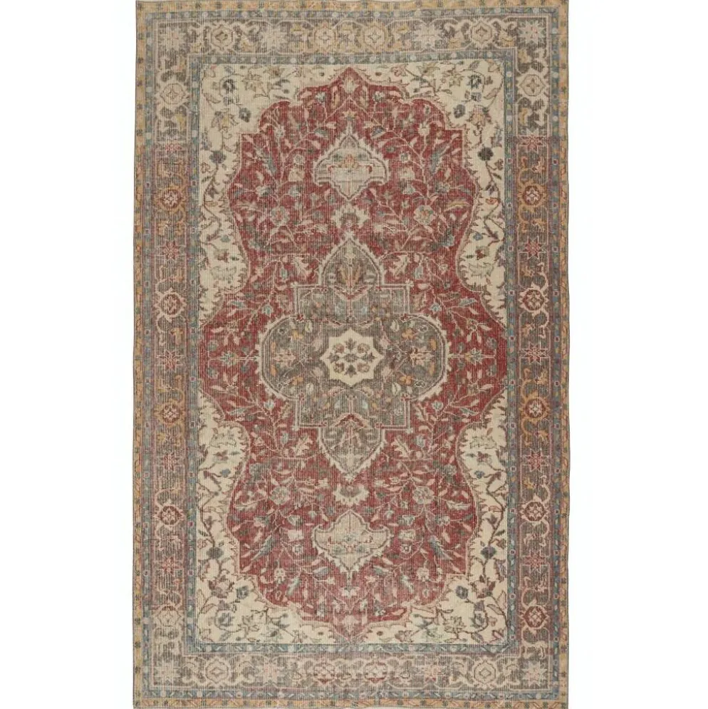 Tapis d'aire turc rouge vintage. Tapis en laine noué à la main avec un design de médaillon.