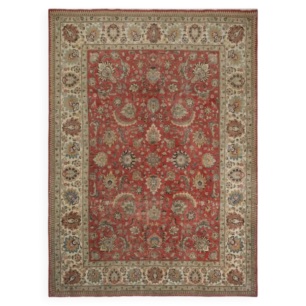Tapis d'area vintage turc unique en son genre. Tapis en laine rouge noué à la main pour le salon.