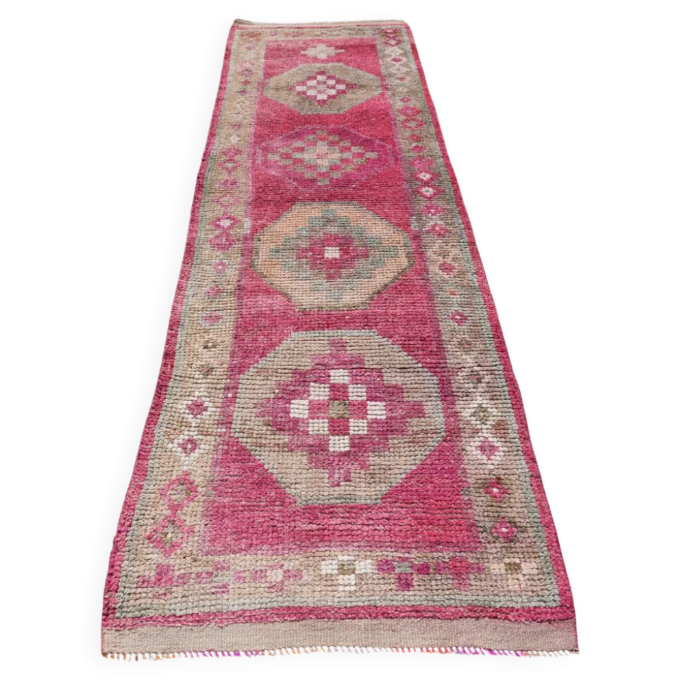 Tapis de couloir anatolien fuchsia, motifs géométriques vintage, 94x324 cm
