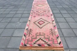 Tapis de couloir rose à médaillons, tapis turc vintage, 86x364 cm