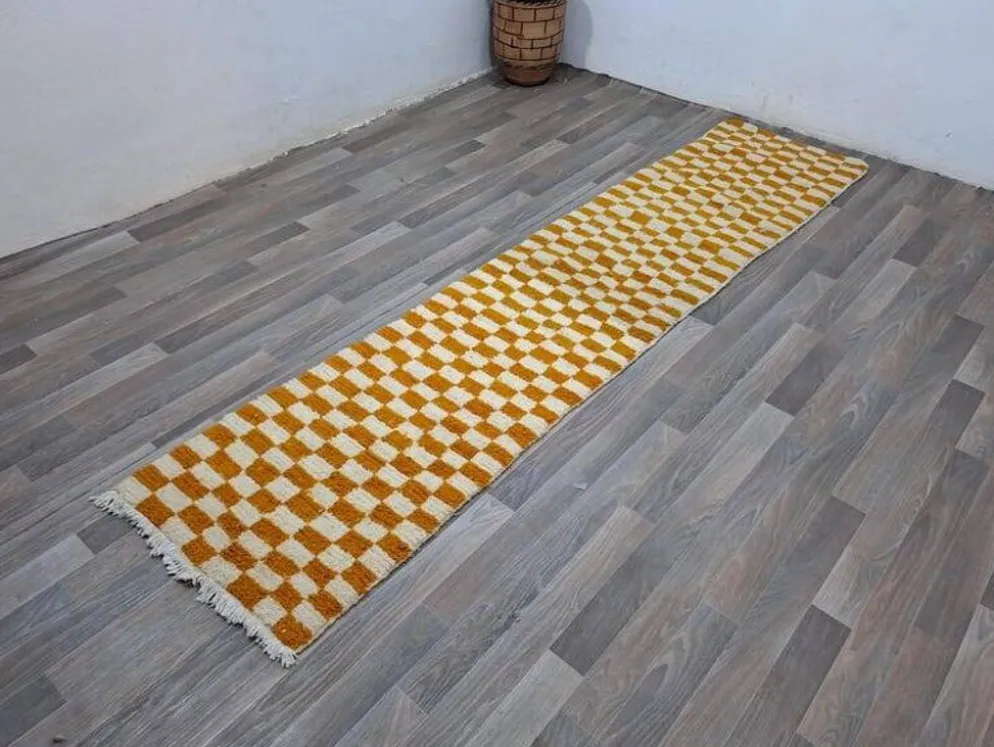 Tapis de couloir tissé main artisanale traditionnelle orange 75/300 cm