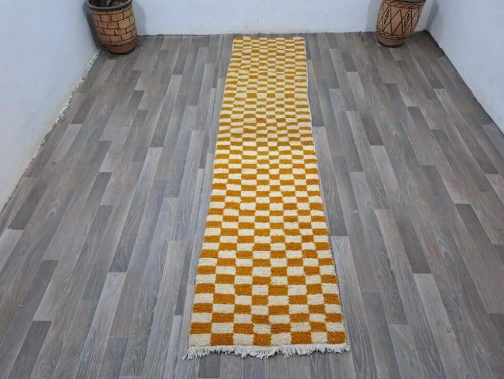 Tapis de couloir tissé main artisanale traditionnelle orange 75/300 cm