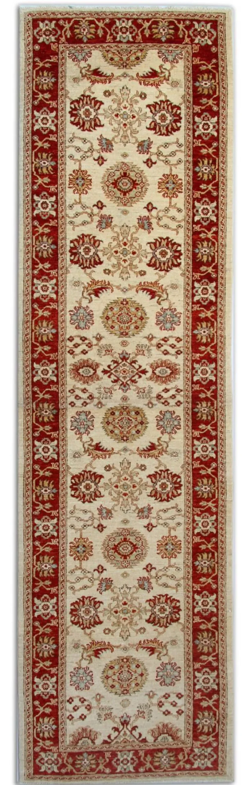 Tapis de couloir traditionnel en laine noué à la main, crème, rouge, tapis afghan pour la maison.