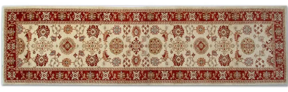 Tapis de couloir traditionnel en laine noué à la main, crème, rouge, tapis afghan pour la maison.