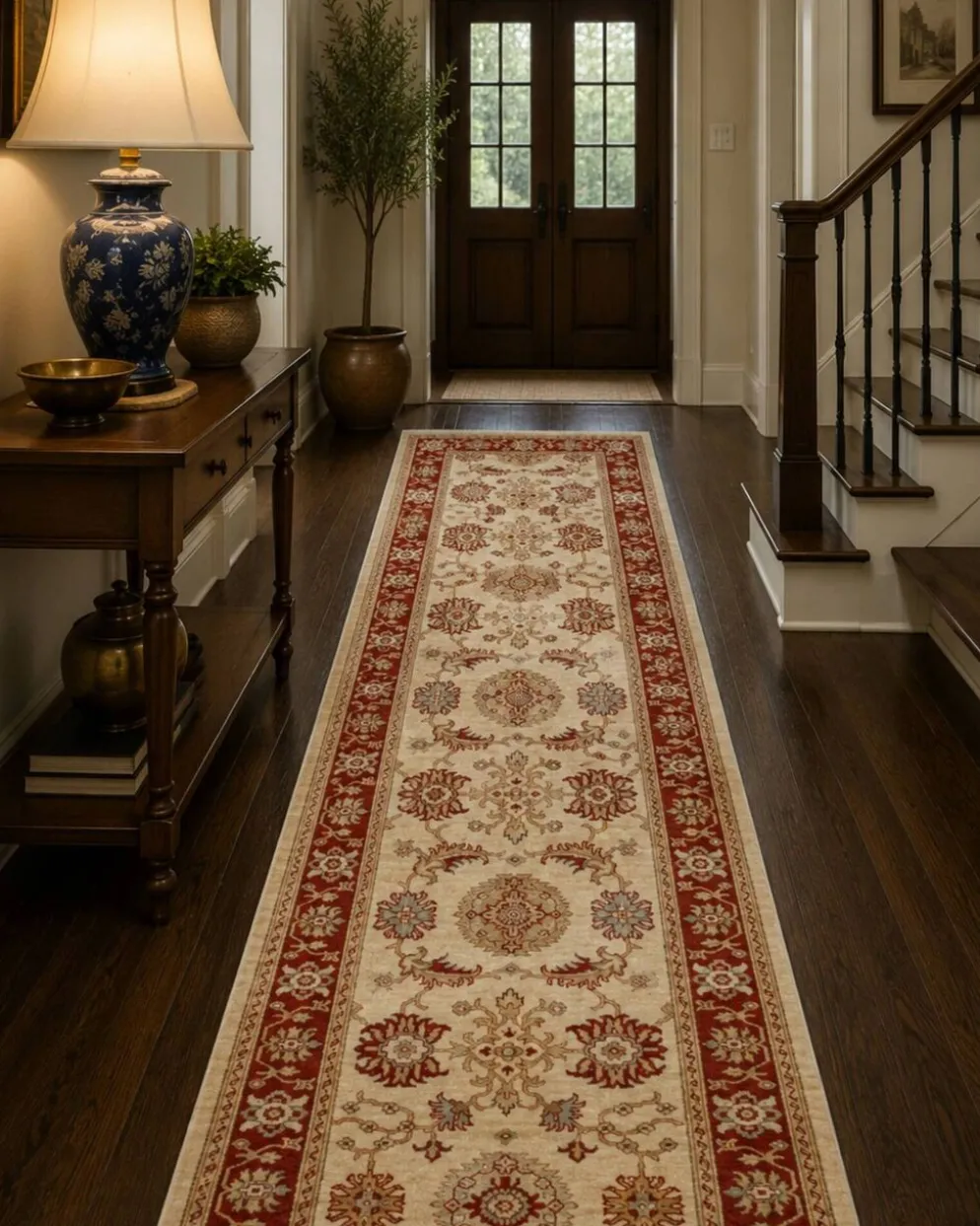 Tapis de couloir traditionnel en laine noué à la main, crème, rouge, tapis afghan pour la maison.