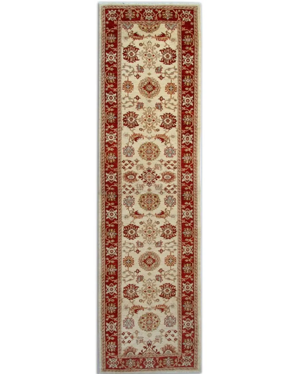 Tapis de couloir traditionnel en laine noué à la main, crème, rouge, tapis afghan pour la maison.
