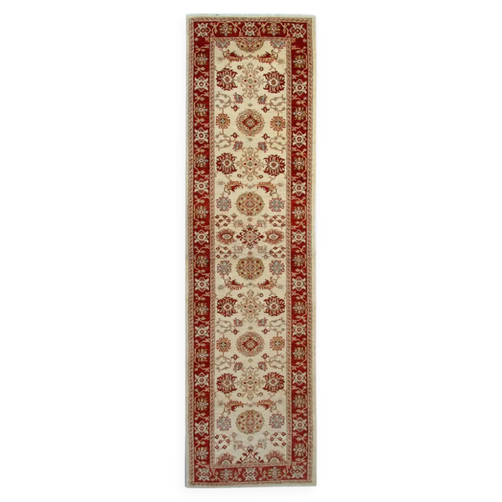 Tapis de couloir traditionnel en laine noué à la main, crème, rouge, tapis afghan pour la maison.